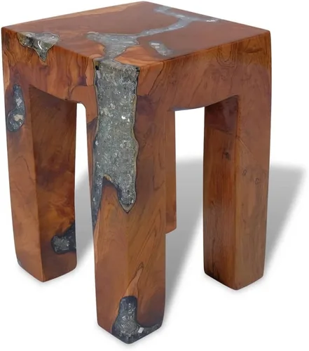Vista 12 de Taburete de madera maciza de teca y resina, taburete de tocón de árbol con borde vivo, mesa auxiliar de borde natural, soporte para plantas, mesita