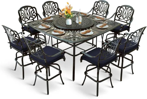 Vista 16 de Juego de barra para exteriores de 10 piezas, muebles de bar de aluminio fundido para todo tipo de clima con 8 taburetes de bar giratorios Bronce