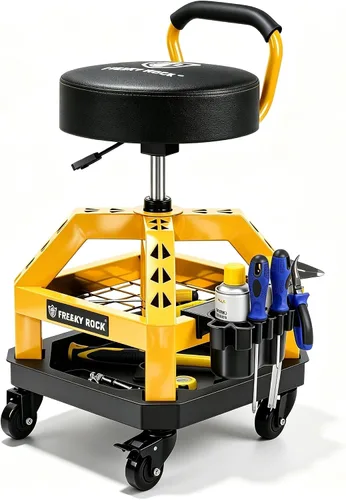Vista 10 de Taburete rodante de taller con ruedas, taburete mecánico de trabajo de garaje resistente con respaldo, altura ajustable, silla giratoria de 360°