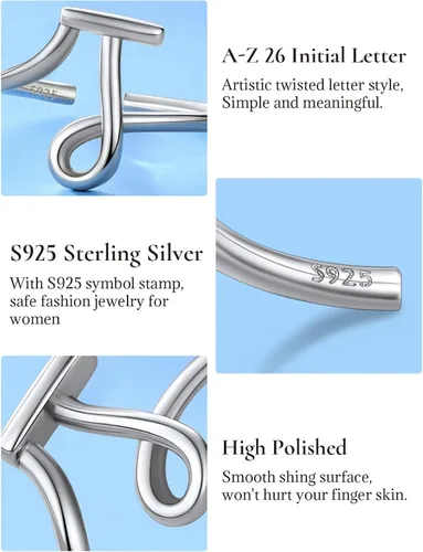 Vista 5 de SILVERCUTE S925 Initial Rings, Adjustable Size 6-12 Statement Alphabet Letter A-Z Jewelry Personalized Twisted Initials Rings Sterling Silver