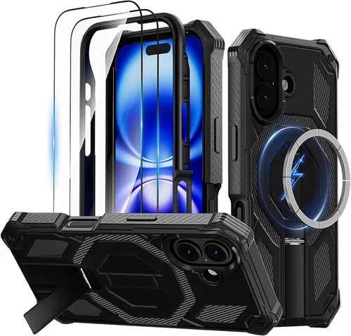 Vista 25 de Funda magnética para iPhone 15 con soporte y protector de pantalla [compatible con Magsafe] antideslizante, cuerpo completo, doble capa, resistente
