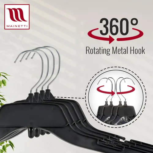Vista 4 de Mainetti 485 - Ganchos de plástico negro con garfio giratorio de metal y muescas para tirantes, ideal para camisas, tops y vestidos, miden 38 cm