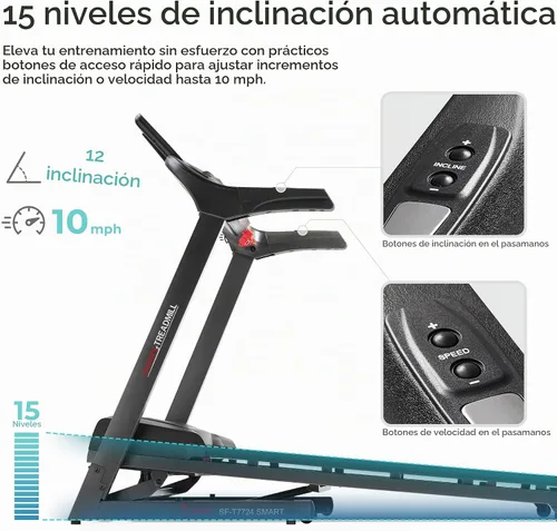 Vista 5 de Sunny Health & Fitness Folding Treadmill with 12% Auto Incline & Bluetooth