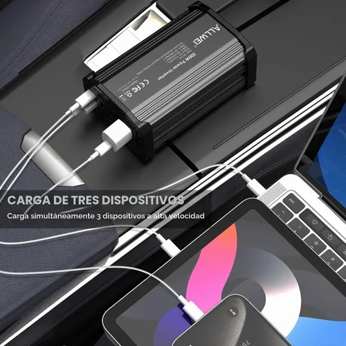 Vista 3 de ALLWEI - Inversor de corriente de 300 W, adaptador de toma de corriente con enchufe para coche, CC 12 V a CA 110 V, con cargador rápido USB-C PD