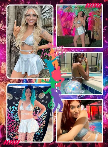 Vista 6 de Trajes de rave para mujer EDC Sexy Festival de Música Metálica Holográfica Bikini Top Bottom Beach Skirt 3 piezas