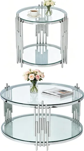 Vista 15 de SSLine Round 2-Tier Glass Coffee Table with Gold Stainless Steel Frame