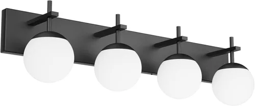 Vista 9 de Ralbay Lámpara de pared de baño negra mate, 2 luces, iluminación moderna de mediados de siglo, luz de tocador de globo de vidrio lechoso negro