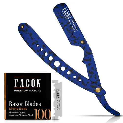 Vista 15 de Facón Navajas rectas para hombres - Kit de navaja de barbero profesional de borde recto con 100 cuchillas, afeitadora clásica de acero inoxidable El