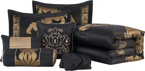 Vista 9 de Chezmoi Collection Juego de edredón floral de jacquard Royale de 7 piezas, matrimonial/doble, negro/dorado