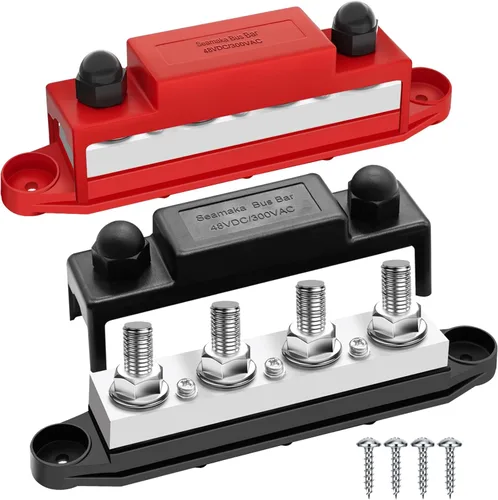 Vista 13 de (rojo + negro) Bloque de terminales de distribución de energía con cubierta con pernos de terminal M6, tornillos de terminal M4, barra de bus