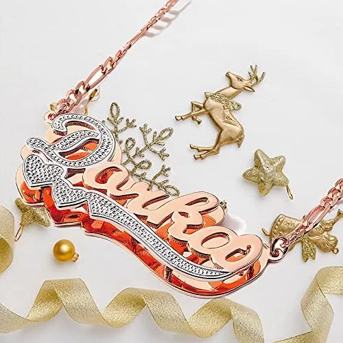 Vista 4 de Drawelry Collar con nombre personalizado de dos tonos, placa de oro de 18 quilates, doble chapado en corazón hecho en corazón, collar con dije