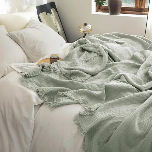 Vista 41 de FOSSA Manta de Muselina con Flecos - Gasa de Algodón 100% de 4 Capas Súper Suave y Transpirable - Manta Decorativa Ligera y Refrescante para Cama