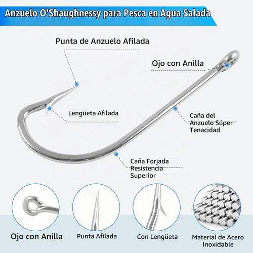Vista 2 de AGOOL 34007 O'shaughnessy - Gancho de pesca para agua salada y agua dulce (acero inoxidable, forjado, mango largo)