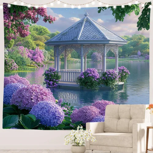 Vista 67 de Batmerry Peaceful Retreat Beautiful Landscape Polyester Tapestry, Blooming Garden Setting Lightweight Wall Hanging High-Definition Print Backdrop
