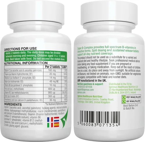 Vista 7 de Super B-Complex 180 comprimidos + Complejo Triple Magnesio 180 Tabletas Paquete Vegano, Complejo B de Liberación Sostenida Metilado + Glicinato