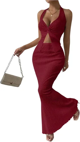 Vista 22 de SOLY HUX - Conjunto de dos piezas de verano para mujer, con parte superior tipo camisola con cuello halter, nudo frontal y falda marrón (Plain Brown)