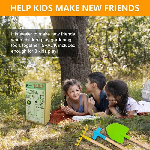 Vista 6 de Pala para niños, rastrillo para hojas, pala, azada y escoba, 5 piezas de herramientas de jardín para niños, jardín al aire libre, juguete de regalo