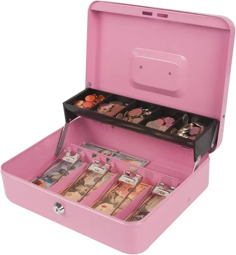 Vista 5 de KYODOLED Caja de dinero con cerradura con cerradura, caja de dinero con bandeja para efectivo, caja fuerte con cerradura con llave, organizador