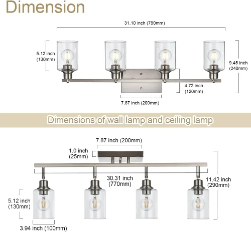 Vista 4 de Lámpara de tocador de 4 luces para baño en acabado de níquel cepillado, lámpara clásica con cabezal de luz giratoria, lámpara de techo de metal