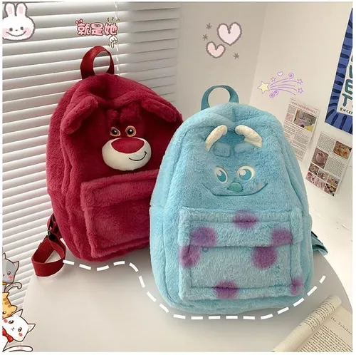 Vista 6 de Mochila Kawaii Fuzzy Daypack, lindo diseño de animales esponjosos Y2K, elegante, de dibujos animados, bolsa de hombro diaria, Azul, Mochilas Daypack