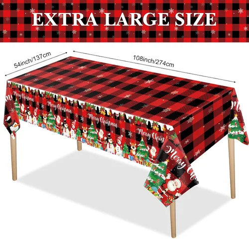 Vista 3 de Tiamon 3 piezas de mantel de Navidad 54 x 108 pulgadas, rojo, negro, mantel a cuadros de búfalo para mesa rectangular, mantel desechable de plástico