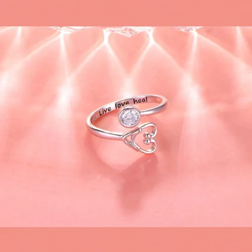 Vista 3 de Anillo de plata de ley 925 con estetoscopio Live Love Heal, joyería para mujeres, enfermeras, doctoras, estudiantes de medicina, regalo de graduación