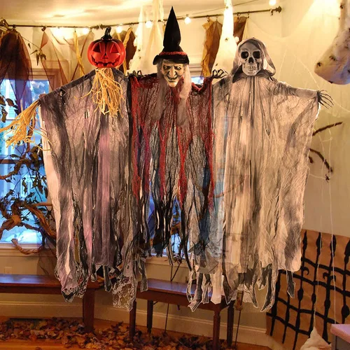 Vista 7 de JOYIN Paquete de 3 fantasmas colgantes de 35 pulgadas, decoración de calabaza para colgar de Halloween, decoración de Halloween al aire libre