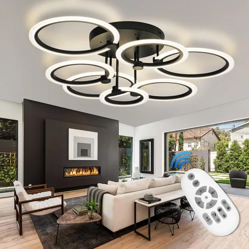 Vista 14 de Lámpara de techo LED, lámpara de techo moderna de 6 anillos, 77 W regulable 3000K a 6500K, luz de techo blanca con control remoto para sala