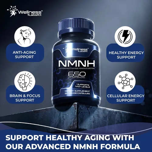Vista 2 de WELLNESS LABSRX NMNH 650 mg por porción - Mononucleótido de dihidronicinamida - Apoya los niveles de NAD+ - 90 cápsulas vegetales - Suministro