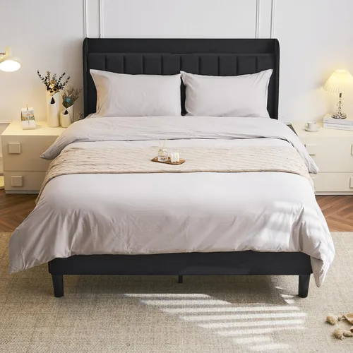 Vista 23 de VINGLI Base de cama individual para niños, cama de plataforma tapizada Boucle con cabecera ajustable, soporte de listones de madera resistente, cama