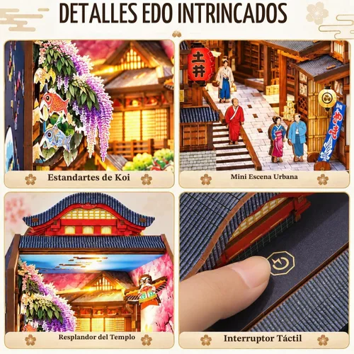 Vista 3 de Edo Sakura Journey - Kit de bricolaje de madera 3D con luz LED, inserto de estantería de flor de cerezo y decoración de sujetalibros