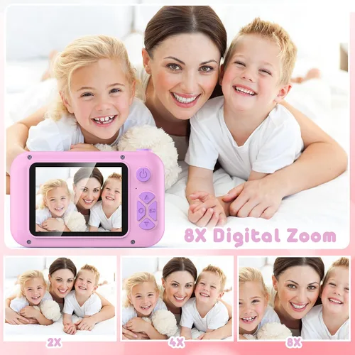Vista 4 de Cámara para niños con lente giratoria de 180° para selfie y video, cámaras de video digitales HD para niños pequeños con tarjeta SD de 32 GB, ideal