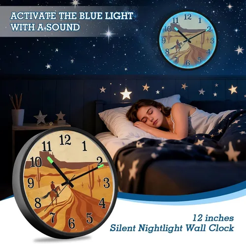 Vista 7 de Battery Operated Silent Non-Ticking Clock Luminous Voice-Activated Modern Clocks Desert Men Horse Retro 12 Inch for Kitchen,Bathroom Home Office