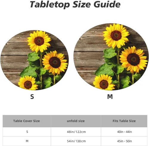 Vista 8 de Famame Mantel redondo ajustable con protector elástico, mantel de madera con diseño de girasol para cocina, cena, impermeable, a prueba de aceite