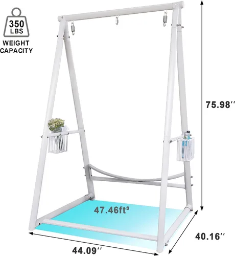 Vista 2 de YOXIFOC Base reforzada y soporte de hamaca de estructura triangular con 2 cestas de almacenamiento, soporte de columpio con 3 ganchos para la Blanco