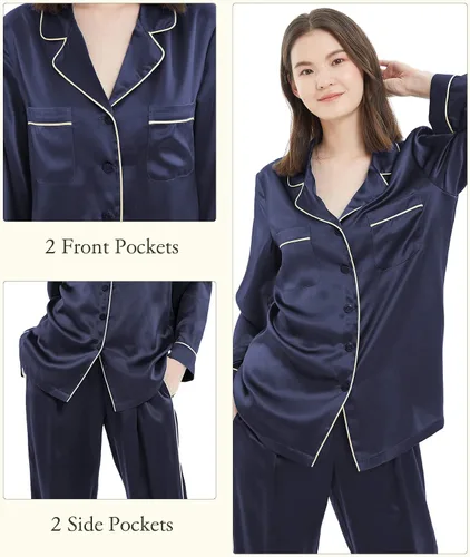 Vista 4 de LILYSILK Pijama de seda para mujer, con ribete dorado, 22 momme, 100% seda, lavable
