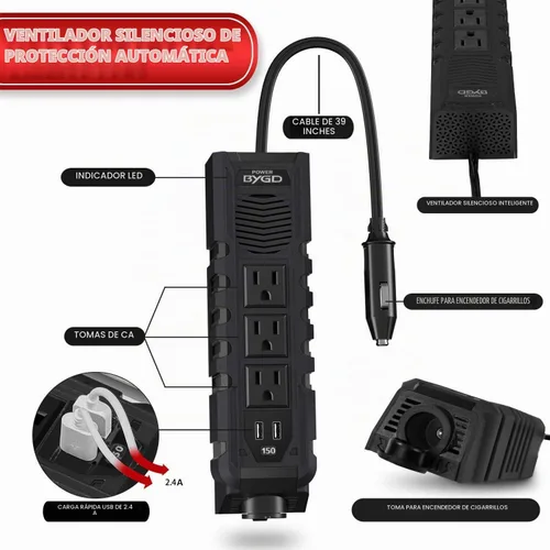 Vista 4 de BYGD Inversor de corriente de coche de 150 W para vehículos, DC 12 V a 110 V CA adaptador de enchufe de coche convertidor de salida con 1 toma