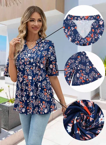 Vista 2 de HOCOSIT - Camiseta de manga corta con olanes y cuello en V con estampado de flores, plisada y abotonada, para mujer