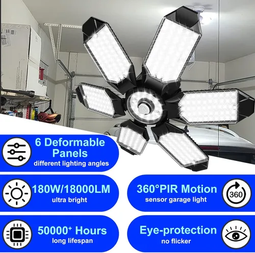 Vista 5 de Luces LED de garaje, 180 W, 18000 lúmenes, luz de techo de garaje deformable con 6+1 paneles ajustables, base E26/E27 6500 K, luz diurna LED