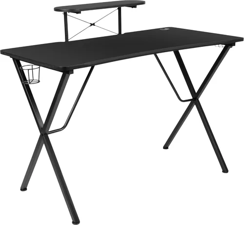 Vista 10 de Flash Furniture Juego de escritorio para juegos negro y silla de carreras blanco/negro con soporte para tazas, gancho para auriculares y soporte