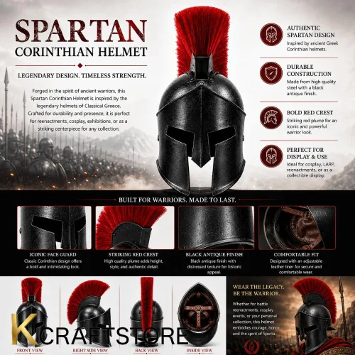 Vista 2 de Spartan Warrior Helmet with Red Plume Crest, Black Finish