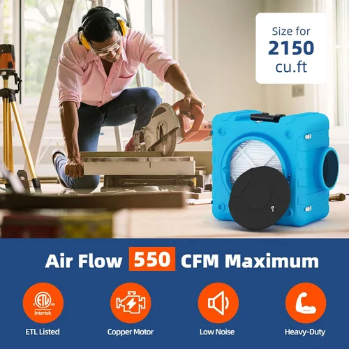 Vista 4 de Depurador de aire de 550 CFM con filtración de 3 etapas, depuradores de aire comerciales, máquina de aire negativo para uso industrial doméstico