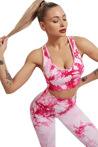 Vista 2 de YuMENo Conjuntos de entrenamiento de teñido anudado para mujer, 2 piezas, sin costuras, cintura alta, leggings de yoga con brasier deportivo, ropa