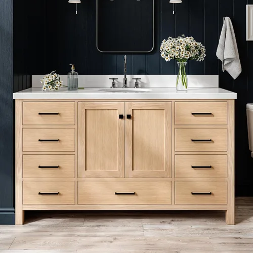 Vista 22 de ARIEL Cambridge tocador de baño con fregadero, madera maciza, encimera y protector contra salpicaduras de cuarzo blanco puro de 1.5 pulgadas