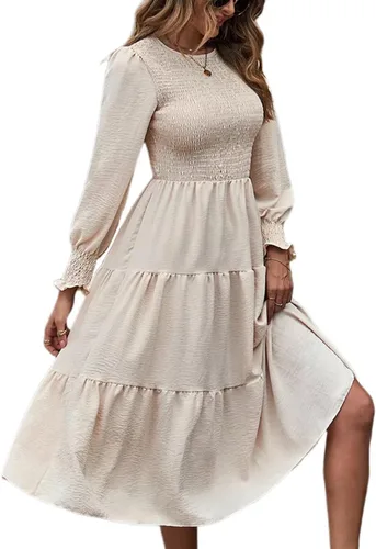 Vista 6 de SEBOWEL Vestido largo de manga larga con cuello redondo para mujer, con volantes escalonados, acampanado, vestido fluido para fiesta de cóctel