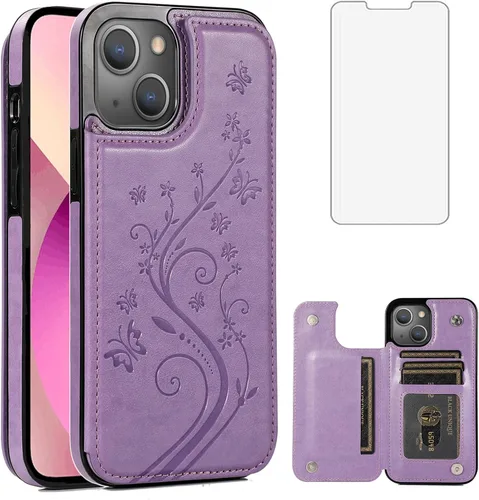 Vista 8 de Funda de teléfono para iPhone 13 de 6.1 pulgadas con protector de pantalla de vidrio templado y tarjetero con soporte para tarjetero, soporte