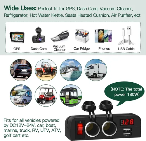 Vista 7 de Toma de corriente de 12 V, divisor de enchufe para encendedor de cigarrillos, adaptador de cargador de coche de 2 enchufes con carga de salida USB