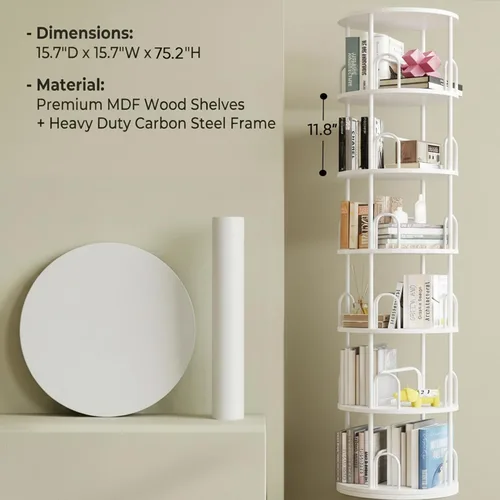 Vista 2 de Estantería giratoria de 6 niveles, de madera de esquina alta, de metal blanco, moderno, retro, vintage, rústico, moderno, grande, para tu hogar