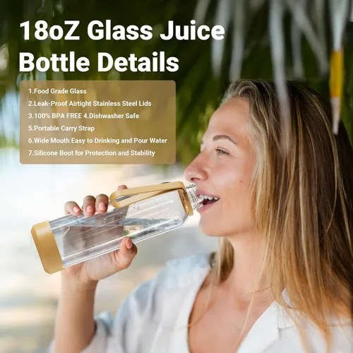 Vista 2 de Sursip Botellas de agua de vidrio de 18 onzas con tapas, botellas de jugo, botella de jugo de vidrio transparente para exprimir, botellas de jugo