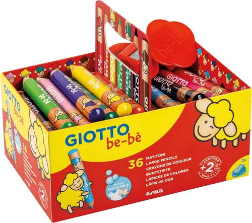 Vista 2 de GIOTTO be-bè Lápices y sacapuntas grandes paquete preescolar para niños pequeños, 36 lápices, colores surtidos, ideal para la escuela y el hogar